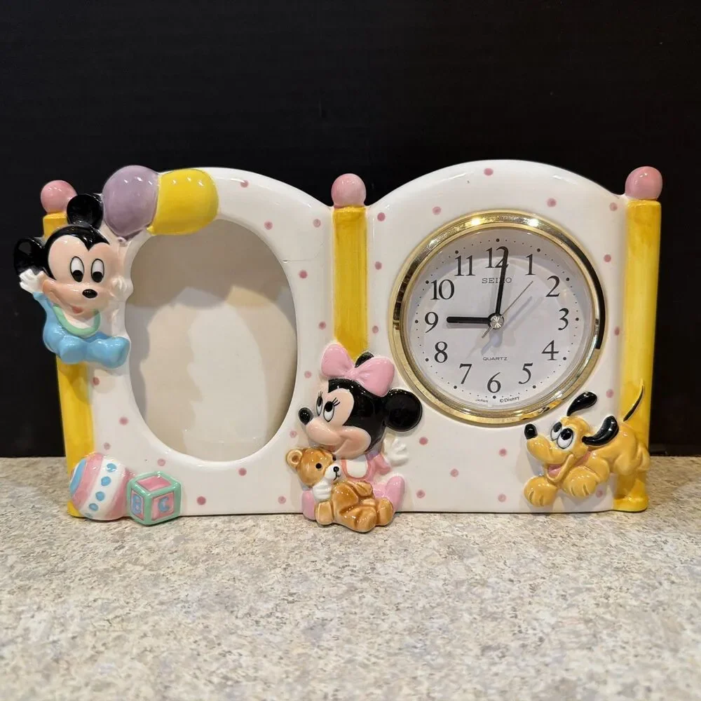 Seiko Baby Mickey Minnie Ceramic Clock & Photo Frame Disney Vintage Works 90s